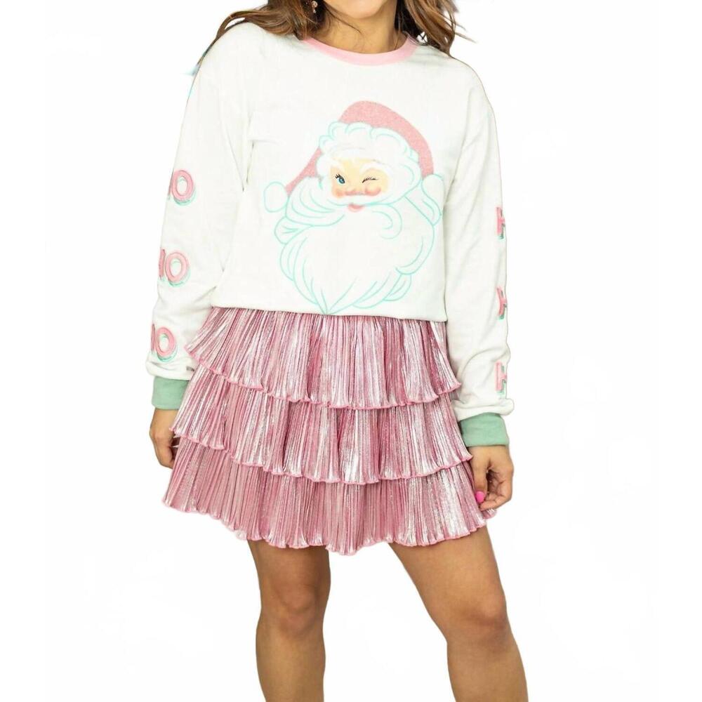 NEW GRACE + EMMA winking santa glitter sweatshirt in white